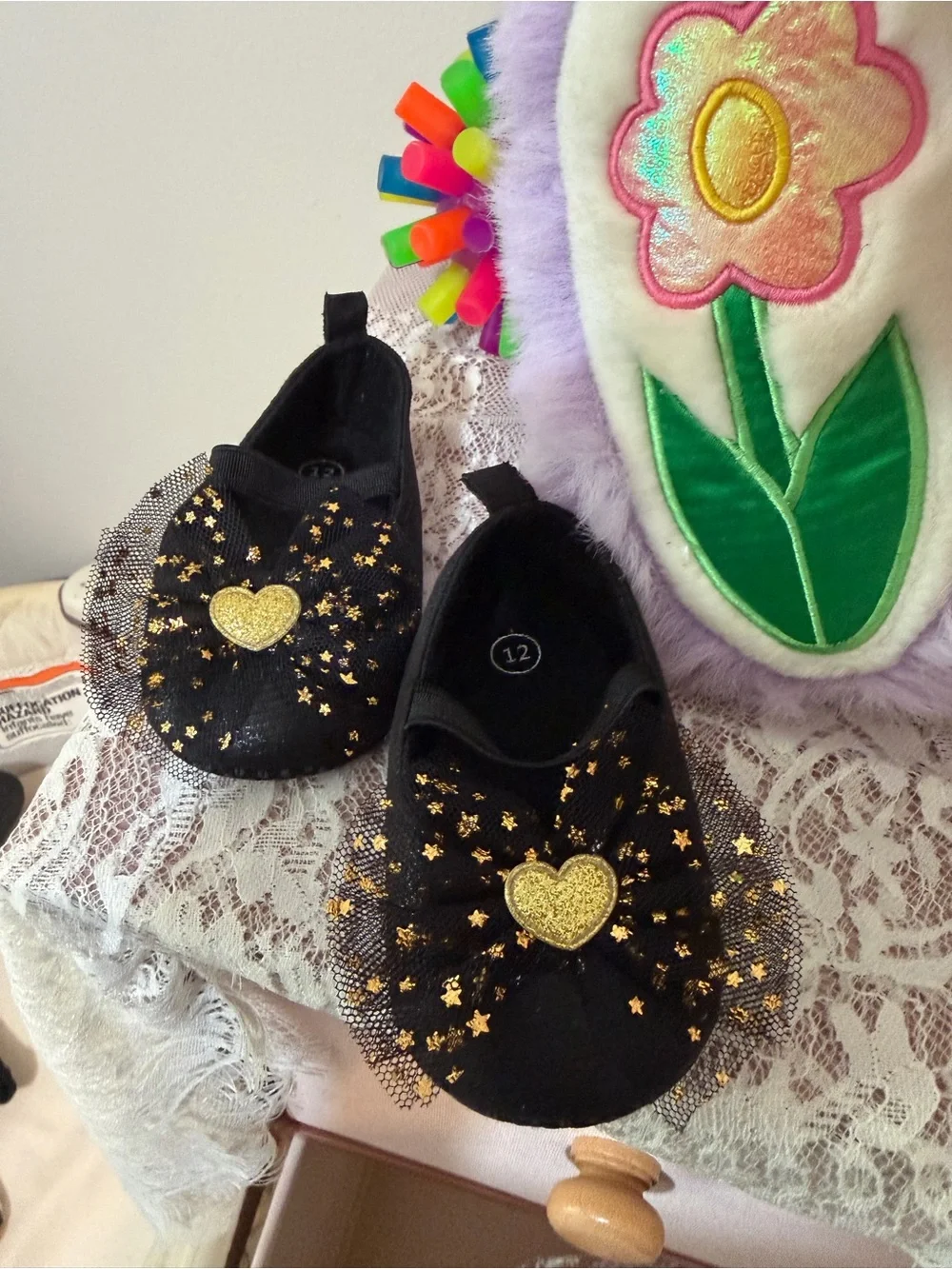 Girls Black Ballet Flats with Gold Heart and Star Tulle Accent